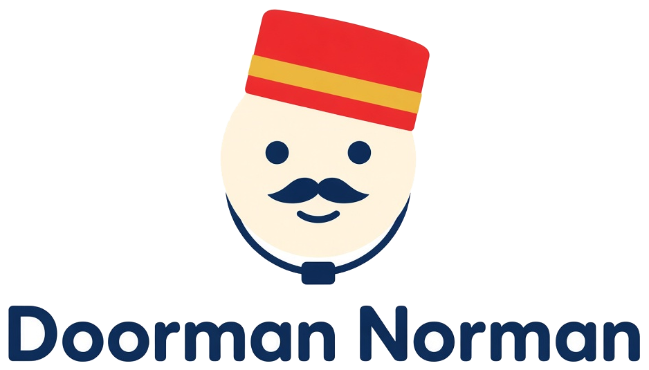 Doorman Norman: a smiling doorman with a moustache and a red pillbox hat